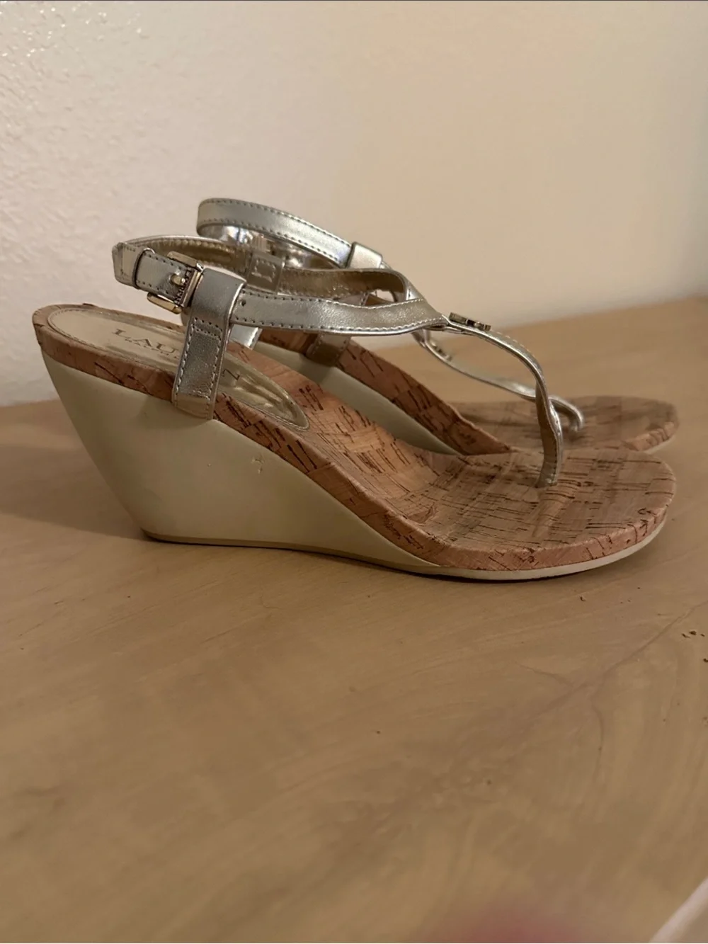 Lauren Ralph Lauren Gold Metallic Cork Wedge Thong Sandals